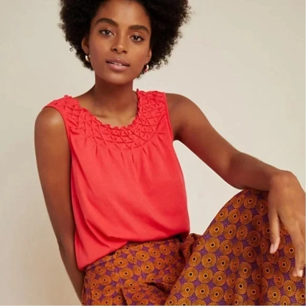 Anthropologie Maeve Justine Smocked Coral Scoop Neck Tank Top Blouse Ruffles XS